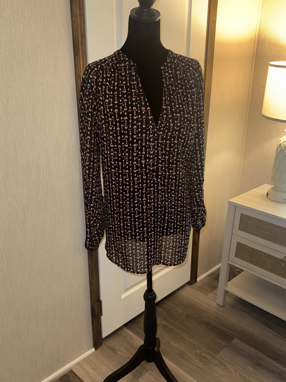 Maurices Black Printed Semi-Sheer Long-Sleeve Blouse with Red Accents
